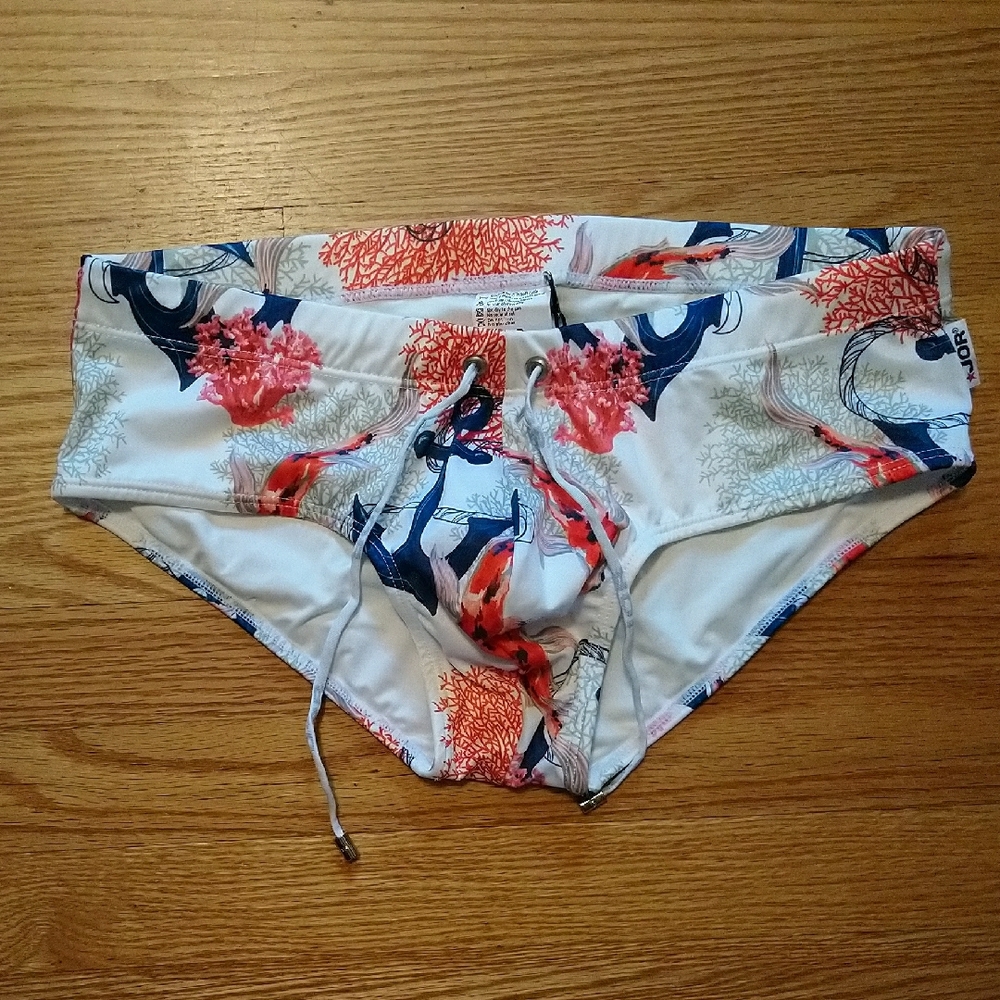 JOR White and Coral Print Swim Briefs